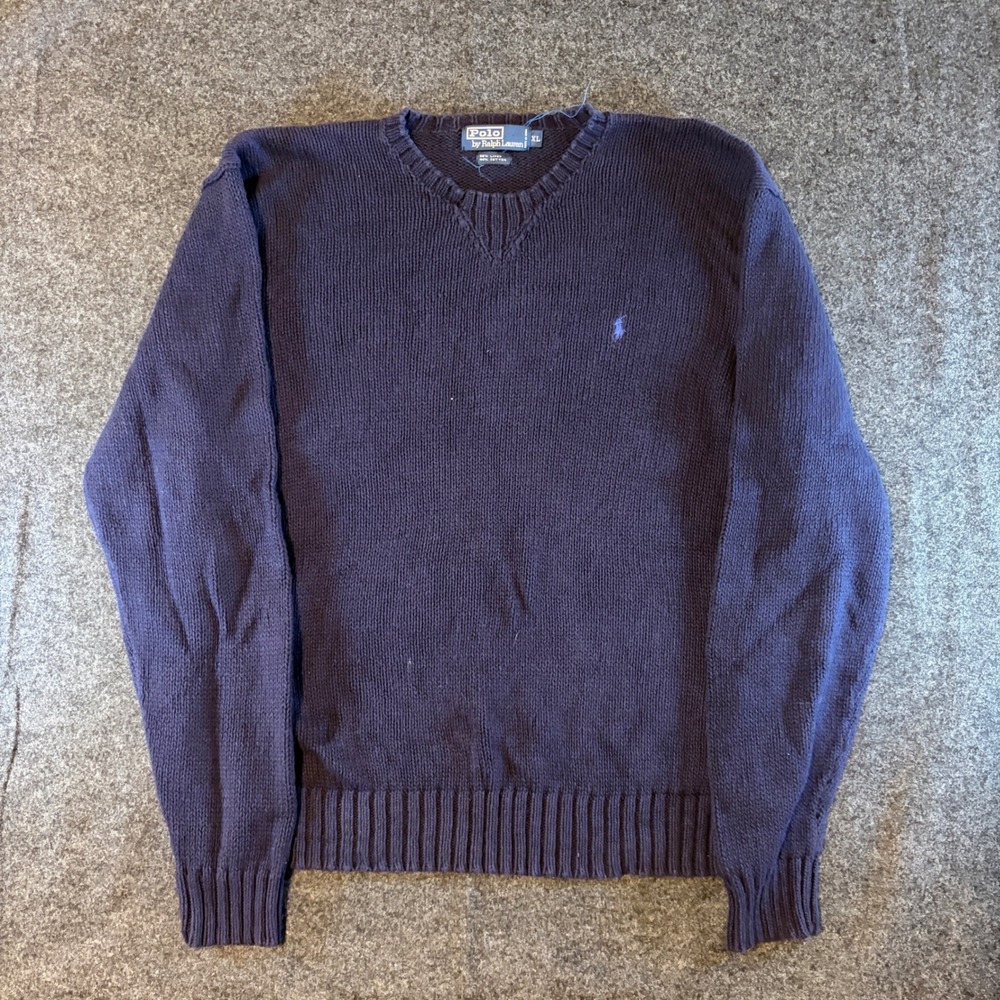 Polo Ralph Lauren Mens XL Navy Blue Linen Cotton V-Neck Knit Sweater Pullover